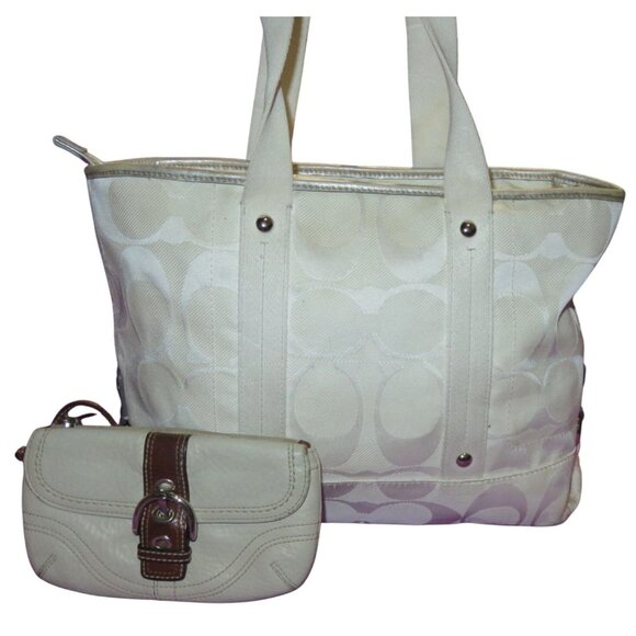 Coach 2012 Kyra Signature White & Silver Nylon & Leather Tote & Wristlet Set - Picture 1 of 14